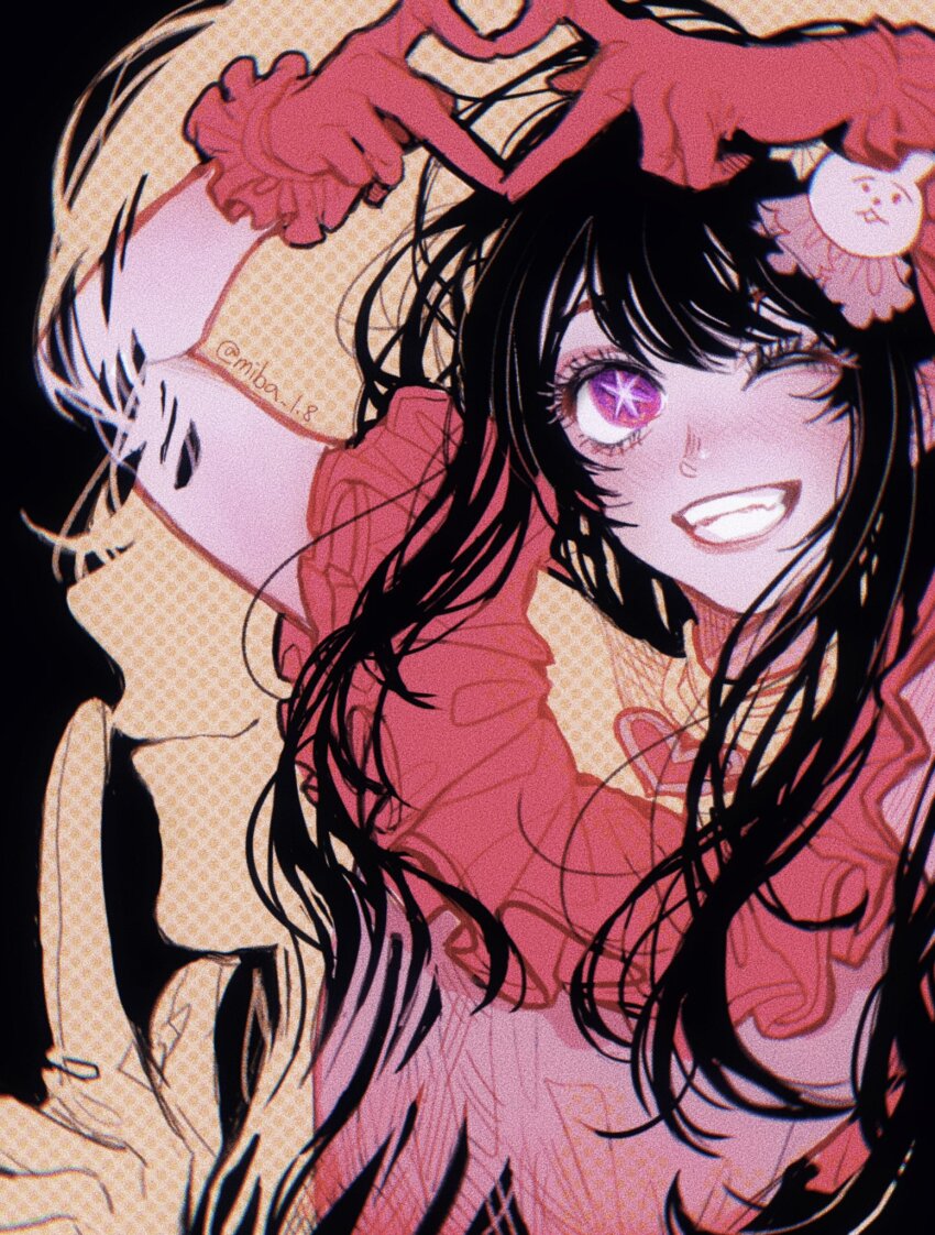 1girl black_hair double_finger_heart dress finger_heart finger_to_mouth gloves grin hair_ornament highres hoshino_ai idol long_hair miba one_eye_closed oshi_no_ko pink_dress pink_gloves purple_eyes rabbit_hair_ornament smile solo star-shaped_pupils star_(symbol) star_in_eye symbol-shaped_pupils symbol_in_eye
