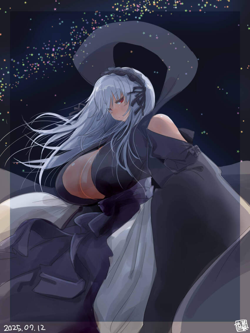 1girl alternate_breast_size alternate_costume black_hairband black_kimono breasts cleavage closed_mouth clothing_cutout commentary_request cowboy_shot dated frilled_hairband frills grey_hair hairband highres huge_breasts itini-sanshi japanese_clothes kimono lolita_hairband long_hair looking_at_viewer red_eyes rozen_maiden shoulder_cutout skirt sky solo star_(sky) starry_sky suigintou tanabata white_skirt
