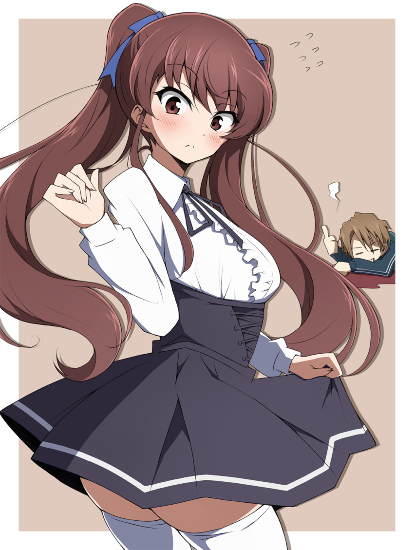 1boy 1girl akazawa_izumi alternate_costume another black_skirt bleeding blood blush brown_background brown_hair center_frills frilled_shirt frills from_behind high-waist_skirt highres long_hair looking_back meme_attire nel-c shirt short_hair simple_background skirt solo_focus teshigawara_naoya thighhighs thumbs_up twintails virgin_killer_outfit white_thighhighs