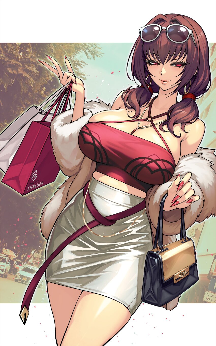 1girl absurdres alternate_costume bag bare_shoulders breasts closed_mouth commentary dynamitenatalia earrings eyewear_on_head fate/grand_order fate_(series) fingernails highres jewelry large_breasts long_fingernails long_hair long_sleeves looking_at_viewer medium_hair nail_polish off_shoulder outdoors purple_hair red_bag red_eyes red_nails scathach_(fate) sharp_fingernails skirt smile solo sunglasses symbol-only_commentary thighs white_bag white_skirt