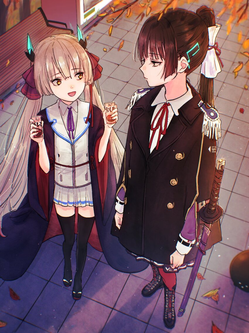 2girls bench black_hair black_robe black_thighhighs blunt_bangs boots can epaulettes green_eyes heaven_burns_red highres horns kulfiq long_hair multiple_girls natsume_inori neck_ribbon ogasawara_hisame outdoors ponytail ribbon robe shirt skirt sword thighhighs twintails vending_machine weapon white_hair white_shirt yellow_eyes