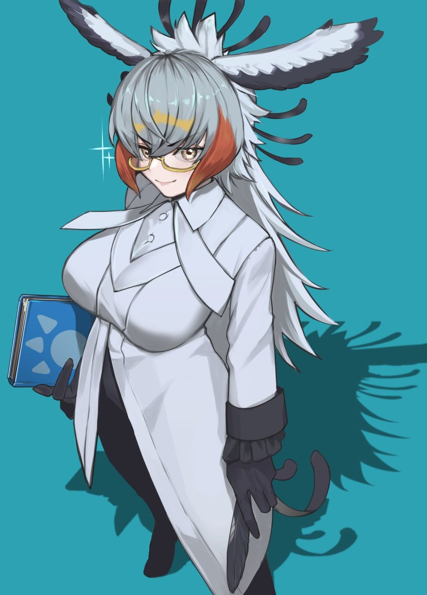 1girl a888_n22 aqua_background arm_at_side bird_girl bird_tail bird_wings black_pants blonde_hair book breasts buttons closed_mouth coat collared_coat frilled_sleeves frills glasses gloves grey_hair hair_between_eyes head_wings highres holding holding_book holding_quill kemono_friends large_breasts legs_apart long_hair long_sleeves multicolored_hair pants quill red_hair secretarybird_(kemono_friends) semi-rimless_eyewear shoes simple_background smile solo standing tail under-rim_eyewear very_long_hair white_coat white_hair wing_collar wings yellow_eyes
