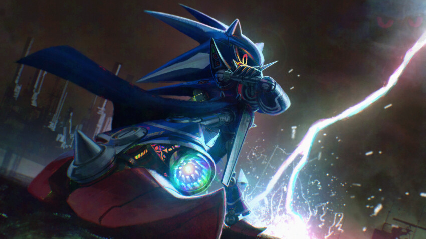1boy absurdres armor black_sclera blurry bootleg_metal_sonic_plush cape chromatic_aberration colored_sclera commentary electricity english_commentary foreshortening from_below glowing glowing_eyes highres lazerpotaters lightning looking_at_viewer looking_down male_focus metal_sonic neo_metal_sonic night no_mouth outdoors red_eyes science_fiction solo sonic_(series) standing