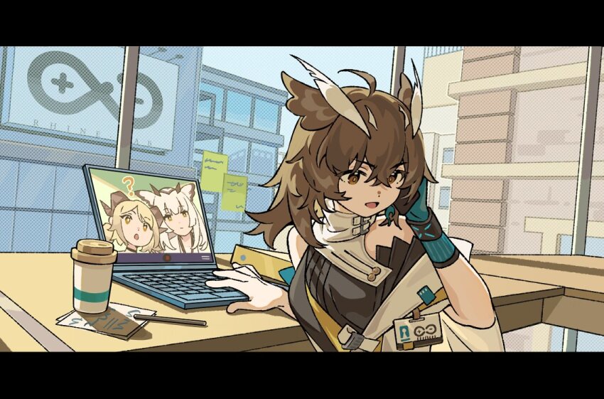 3girls :o ? arknights backlighting bare_shoulders binder black_dress blonde_hair blue_gloves blue_sky brown_eyes brown_hair building coat commentary computer confused cup desk disposable_cup dress english_commentary favilia feather_hair gloves horns id_card ifrit_(arknights) indoors infection_monitor_(arknights) lab_coat laptop letterboxed multiple_girls off_shoulder open_mouth paper pencil ptilopsis_(arknights) rhine_lab_logo short_hair silence_(arknights) silence_the_paradigmatic_(arknights) single_glove sky skyscraper upper_body white_coat white_hair window yellow_eyes