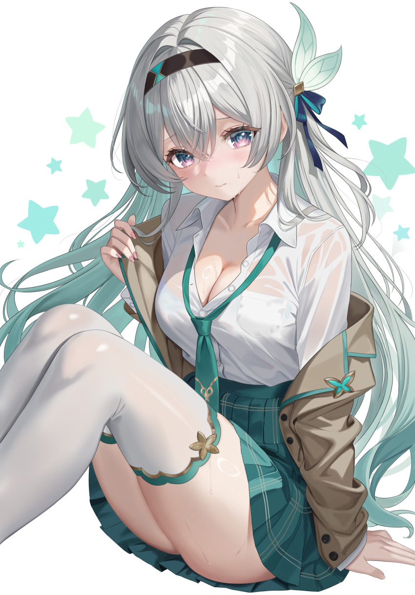 1girl ass blush breasts brown_jacket firefly_(honkai:_star_rail) gradient_hair green_skirt grey_hair highres honkai:_star_rail honkai_(series) jacket koya_(koyacocoa) multicolored_hair purple_eyes school_uniform shirt sitting skirt sweat wet wet_clothes wet_shirt
