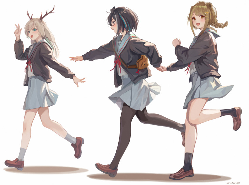 3girls alternate_costume antlers black_cardigan black_hair black_pantyhose black_socks blonde_hair blue_eyes blue_hair blue_sailor_collar blue_skirt blush bow bowtie brown_eyes brown_footwear brown_hair cardigan clenched_hand commentary_request deer_girl flat_chest full_body grey_hair hair_ornament hairclip hand_up highres holding_hands horns konan_mia long_hair looking_at_another looking_at_viewer looking_to_the_side meerkat_ears multicolored_hair multiple_girls nanashi_inc. open_mouth otobeya oura_rukako pantyhose red_bow red_bowtie sailor_collar school_uniform serafuku shirt shoes simple_background skirt smile snake socks streaked_hair tsukinoki_tirol virtual_youtuber w walking white_background white_shirt white_socks