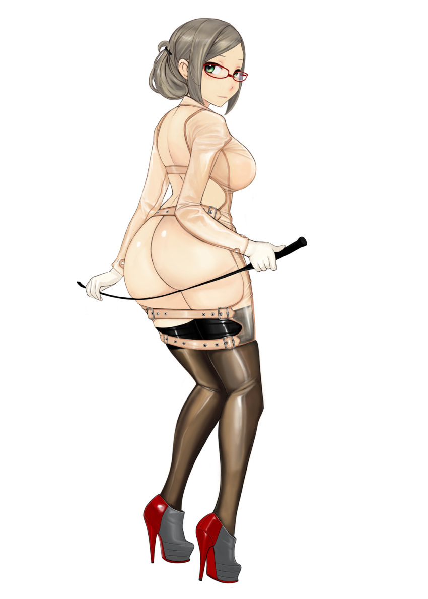 10s 1girl ass ass_cutout belt clothing_cutout female_focus glasses gloves green_eyes grey_hair high_heels highres kantai_collection katori_(kancolle) komii long_hair looking_back parted_lips platform_footwear platform_heels riding_crop see-through_clothes simple_background skin_tight solo spanking_skirt stiletto_heels thighhighs white_background