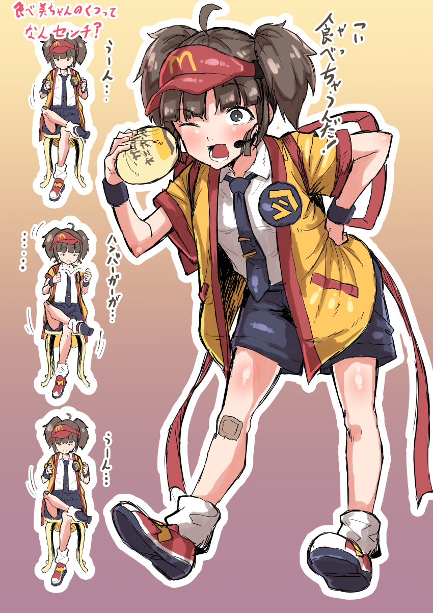 1girl ;o absurdres ahoge bandaid bandaid_on_knee bandaid_on_leg black_necktie brown_eyes brown_hair figure_four_sitting food gradient_background hand_on_own_hip headpiece highres holding holding_food imadake_dabuchi_tabemi loose_socks mcdonald&#039;s multiple_views necktie one_eye_closed open_mouth red_shoes s_k_(shiro_karasu) shirt shoes short_twintails sitting sketch socks twintails visor_cap white_socks wristband yellow_happi