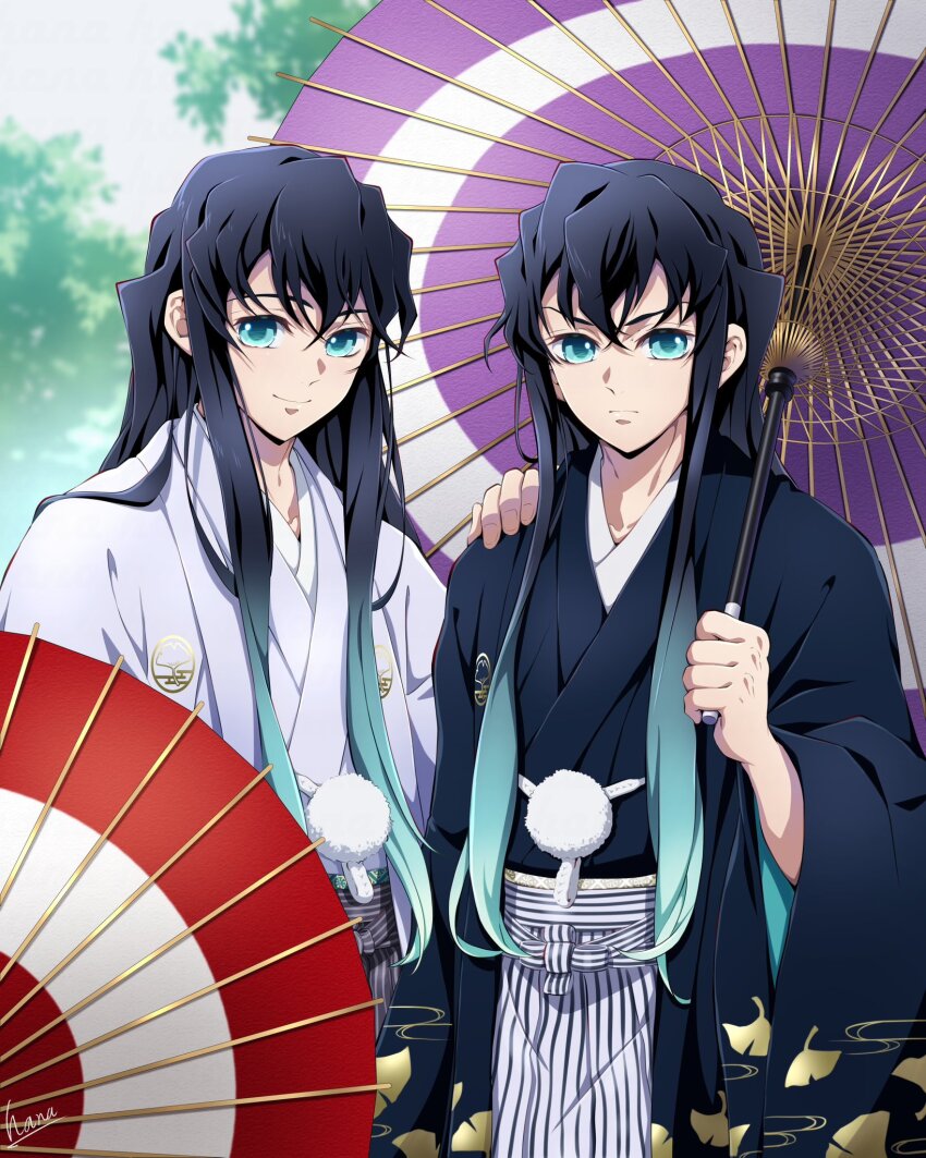 2boys aqua_eyes aqua_hair black_hair black_haori black_kimono brothers closed_mouth commentary_request ginkgo_print hana_ni_nare haori haori_himo highres holding holding_umbrella japanese_clothes kimetsu_no_yaiba kimono long_hair looking_at_viewer male_focus multicolored_hair multiple_boys oil-paper_umbrella outdoors siblings striped_hakama tokitou_muichirou tokitou_yuichirou tree twins umbrella upper_body