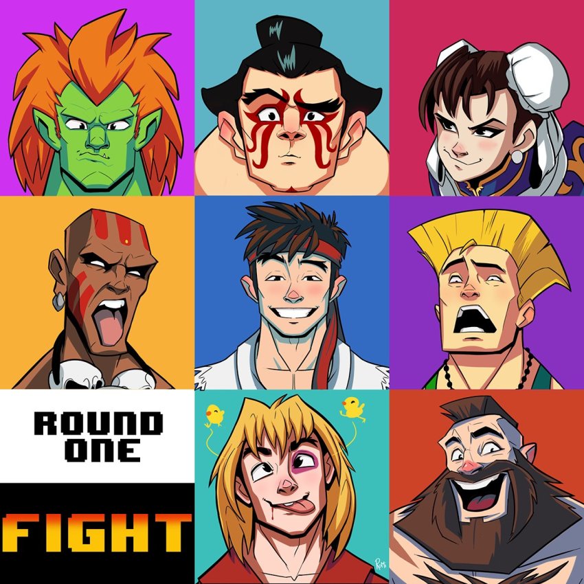 1girl 6+girls annoyed beard black_hair blanka blonde_hair brown_hair capcom chun-li dhalsim earrings e._honda facial_expressions facial_hair frown grin guile headband highres jewelry ken_masters looking_at_viewer multiple_girls open_mouth orange_hair ryu_(street_fighter) skull smile smug soldier street_fighter street_fighter_ii_(series) tagme wrestler zangief
