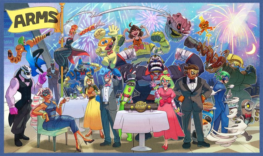6+boys 6+girls alternate_costume arms_(game) barq belt bow bowtie byte_(arms) championship_belt cobushii_(arms) commentary_request copyright_name dark_skin dna_man_(arms) dr._coyle dress everyone fireworks flag flexing formal_clothes hedlok highres kid_cobra lola_pop looking_at_viewer master_mummy_(arms) max_brass mecha mechanica_(arms) min_min_(arms) misango multiple_boys multiple_girls night ninjara_(arms) nintendo official_art pompadour ribbon_girl_(arms) robot sitting smile spring_man_(arms) suit the_cell tuxedo twintelle_(arms) yamamoto_yuu