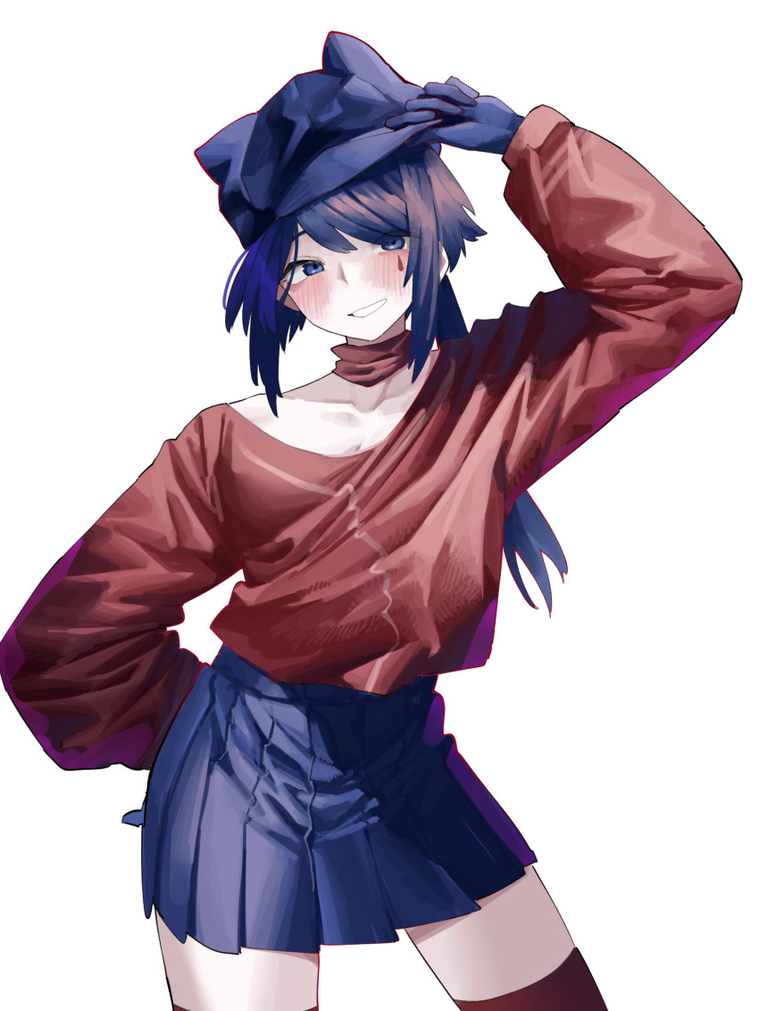 1girl absurdres animal_ear_headwear animal_ears arm_up blue_eyes blue_gloves blue_hair blue_hat blue_skirt blush cabbie_hat choker collarbone commentary_request contrapposto cool_mita_(miside) cowboy_shot crop_top cropped_shirt fake_animal_ears gloves hand_up hat highres long_hair long_sleeves looking_at_viewer low_ponytail miside mita_(miside) pleated_skirt ponytail puffy_long_sleeves puffy_sleeves red_choker red_shirt red_thighhighs shirt simple_background skindentation skirt smile solo tattoo teardrop_facial_mark teardrop_tattoo thighhighs thighs vivo_(vivo_sun_0222) white_background zettai_ryouiki