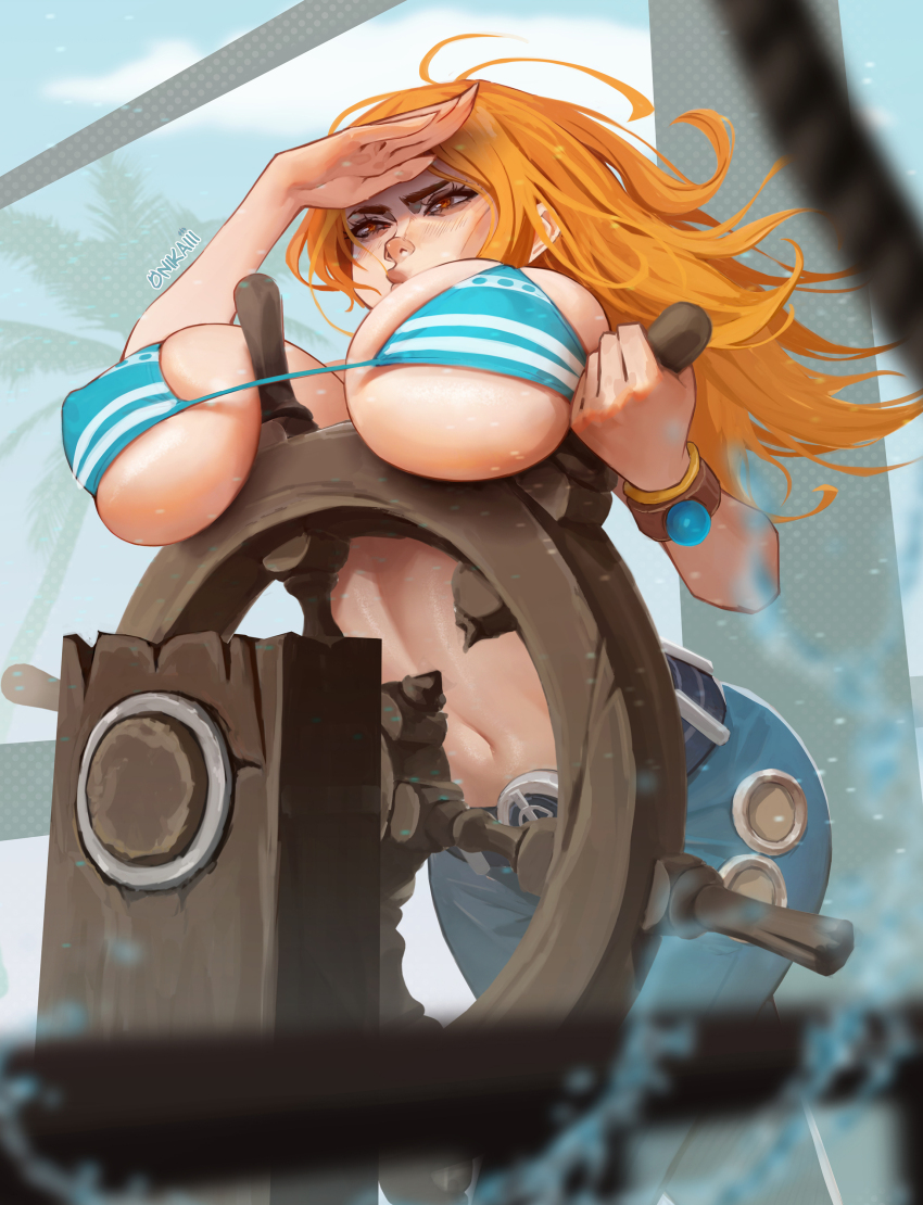 1girl absurdres artist_name belt bikini bikini_top_only blue_bikini blue_jeans blue_sky blush breasts brown_eyes denim female_focus highres huge_breasts jeans large_breasts long_hair mature_female nami_(one_piece) navel one_piece onikaiii orange_hair pants rudder ship sky solo striped_clothes swimsuit watercraft