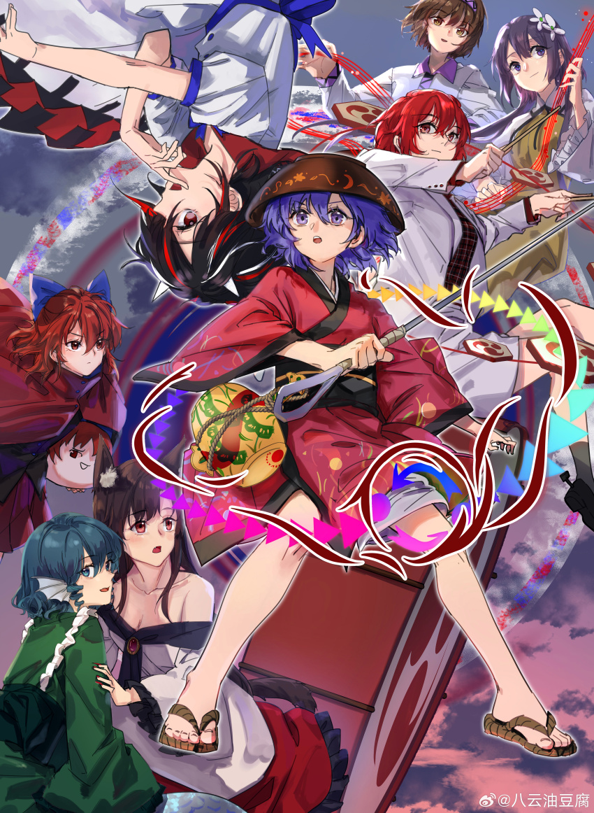 6+girls absurdres animal_ears black_hair black_headwear black_shirt blazer blue_bow blue_eyes blue_hair bow bowl bowl_hat brown_dress brown_eyes brown_hair cape closed_mouth collared_shirt cone_horns double_dealing_character dress drill_hair drum drumsticks feet fins flower frilled_dress frilled_sleeves frills green_kimono hair_between_eyes hair_bow hair_flower hair_ornament hairband hat head_fins highres holding holding_drumsticks horikawa_raiko horns imaizumi_kagerou indis instrument jacket japanese_clothes kijin_seija kimono legs long_hair long_sleeves mermaid miracle_mallet mitsudomoe_(shape) monster_girl multicolored_hair multiple_girls needle needle_sword open_clothes open_jacket open_mouth pink_kimono pleated_skirt purple_eyes purple_hair purple_hairband red_cape red_eyes red_hair red_skirt sandals sekibanki shirt short_hair siblings sisters skirt smile streaked_hair sukuna_shinmyoumaru tail toenails toes tomoe_(symbol) touhou tsukumo_benben tsukumo_yatsuhashi wakasagihime white_dress white_flower white_hair white_jacket white_shirt white_skirt wide_sleeves wolf_ears wolf_tail zouri