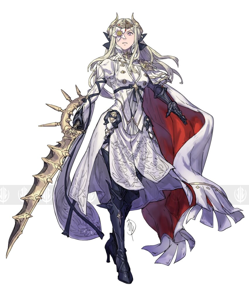 1girl @storm5958 breasts cape crossover drag-on_dragoon drag-on_dragoon_3 dress edelgard_von_hresvelg fire_emblem fire_emblem:_three_houses flower flower_over_eye gloves hair_ornament high_heels highres holding holding_sword holding_weapon horns john_dimayuga long_hair looking_at_viewer medium_breasts nintendo purple_eyes solo sword tara_platt voice_actor_connection weapon white_hair zero_(drag-on_dragoon)