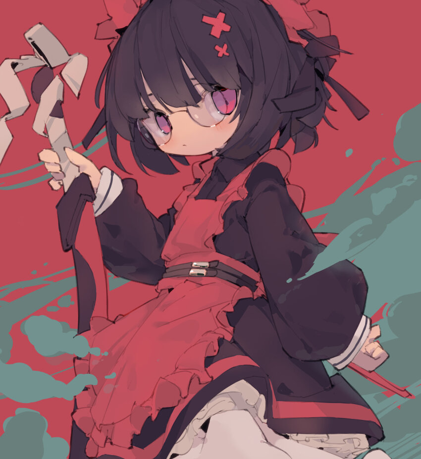 1girl breasts brown_hair dress hair_between_eyes hair_ornament hairpin half-eye_glasses highres long_sleeves looking_at_viewer multicolored_background nep_(nep_76) original red_background red_dress ribbon_hair short_hair solo
