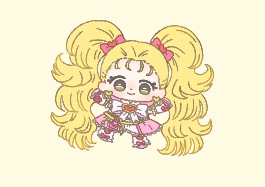 1girl absurdly_long_hair bag_bow bow bowtie brooch chibi closed_mouth commentary dot_nose dress earrings eyelashes footwear_bow forehead frilled_arm_warmers frilled_leg_warmers futari_wa_precure futari_wa_precure_max_heart gold_earrings hair_bow hair_ornament happy heart heart_brooch heart_earrings heart_hair_ornament heart_print ichigo_usuhana jewelry kujou_hikari lace lace-trimmed_dress lace_trim leg_warmers light_blush long_hair looking_at_viewer magical_girl medium_dress messy_hair outstretched_arms pink_bag pink_bow pink_bowtie pink_dress pink_shoes precure shiny_luminous shoes short_sleeves simple_background smile solo tareme twintails very_long_hair waist_bag white_arm_warmers white_leg_warmers yellow_background yellow_eyes