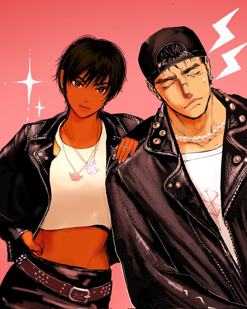 1boy 1girl apt._(rose_&amp;_bruno_mars) baseball_cap belt berserk black_hair black_hat black_jacket black_skirt brown_eyes casca_(berserk) closed_eyes closed_mouth crop_top dark-skinned_female dark_skin guts_(berserk) hat highres jacket jewelry leather leather_jacket leather_skirt necklace nisino2222 pearl_necklace ring shirt short_hair skirt studded_belt white_shirt