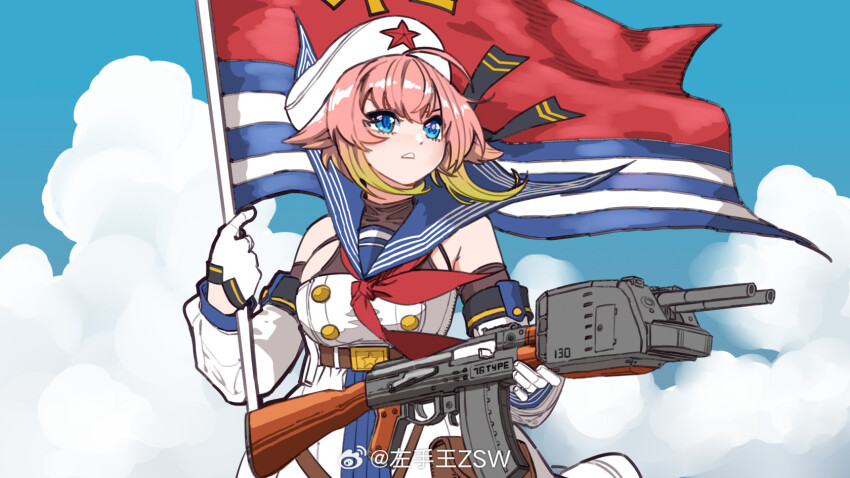 1girl beret blonde_hair blue_eyes blue_sailor_collar breasts cloud colored_tips detached_sleeves flag gloves gradient_hair green_hair gun hair_flaps hat hat_ornament highres holding holding_flag holding_gun holding_weapon jinan_(warship_girls_r) large_breasts machine_gun multicolored_hair neckerchief pink_hair red_star rifle sailor_collar sailor_hat ship_turret short_hair skirt sky solo star_(symbol) star_hat_ornament warship_girls_r weapon white_gloves z.s.w.