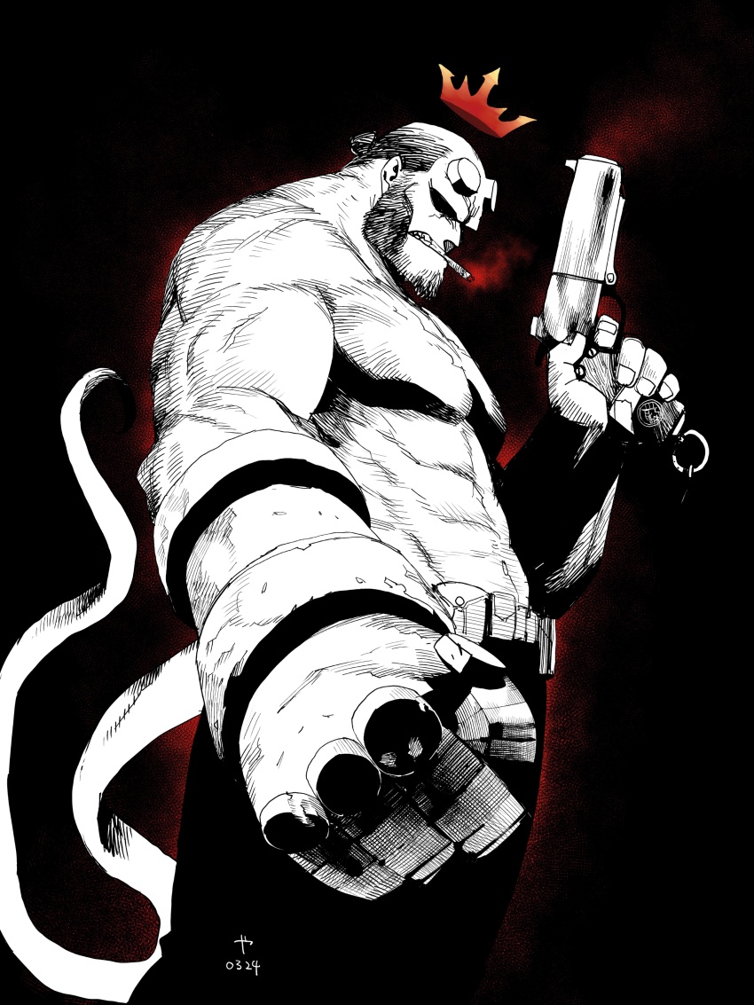 1boy 2024 abs absurdres belt black_background broad_shoulders cigar clenched_teeth dated demon_boy demon_horns demon_tail facial_hair gun hellboy hellboy_(comic) highres holding holding_gun holding_weapon holster horns manabu_yashiro muscular muscular_male partially_colored smoking tail teeth weapon