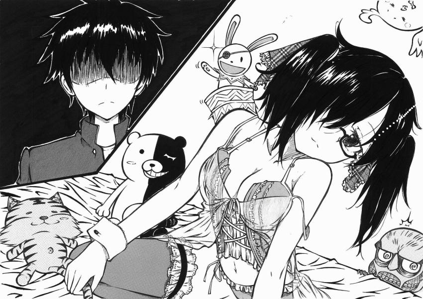 10s 1girl alternate_breast_size alternate_hairstyle bad_id bad_pixiv_id breasts brother_and_sister cleavage colossal_titan crossover danganronpa_(series) date_a_live dera_mochimazzui engeki-bu_danshi glasses greyscale hair_over_one_eye hair_ribbon highres kuroki_tomoki kuroki_tomoko large_breasts lingerie monochrome monokuma navel panties ribbon see-through_clothes shaded_face shingeki_no_kyojin siblings side-tie_panties smile strap_slip stuffed_animal stuffed_rabbit stuffed_tiger stuffed_toy tamako_market teddy_bear thighhighs titan_(shingeki_no_kyojin) twintails underwear watashi_ga_motenai_no_wa_dou_kangaetemo_omaera_ga_warui! wrist_cuffs yoshinon