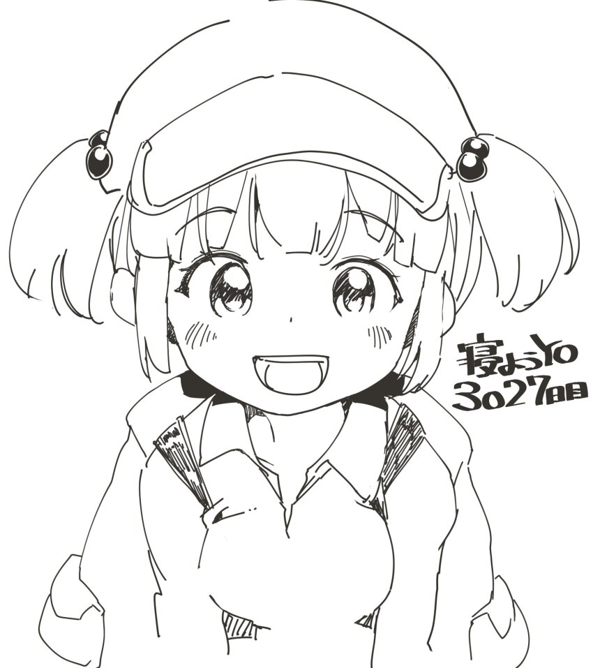 1girl backpack bag blush breasts cactas7 collarbone flat_cap hair_bobbles hair_ornament hat highres kawashiro_nitori long_sleeves looking_at_viewer medium_breasts monochrome open_mouth simple_background smile teeth touhou upper_body