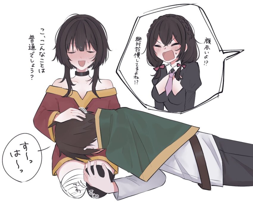 1boy 2girls :d asymmetrical_legwear bandaged_leg bandages bare_shoulders belt black_choker black_dress black_pants black_thighhighs blush bow braid breasts brown_belt brown_hair capelet choker cleavage_cutout closed_eyes clothing_cutout collarbone commentary crown_braid dress embarrassed face_in_crotch flustered full-face_blush green_capelet groping hair_between_eyes hair_bow hair_over_shoulder hair_ribbon hand_on_another&#039;s_head hand_on_another&#039;s_knee headpat juliet_sleeves kneeling kono_subarashii_sekai_ni_shukufuku_wo! lap_pillow large_breasts long_sleeves loose_hair_strand low_twintails lying megumin messy_hair mismatched_legwear multiple_girls necktie nervous nervous_sweating nose_blush off-shoulder_dress off_shoulder on_ground on_stomach open_mouth pants pervert pink_bow pink_necktie pink_ribbon poyo_pn puffy_sleeves red_dress ribbon satou_kazuma shirt short_dress short_hair short_hair_with_long_locks shouting sidelocks simple_background single_thighhigh small_breasts smelling smile spoken_character sweat sweatdrop thighhighs translated tunic twintails v-shaped_eyebrows white_background white_shirt yellow_trim yunyun_(konosuba)