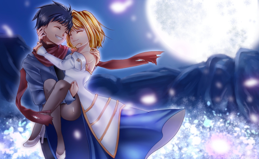 00s 1boy 1girl arcueid_brunestud bad_id bad_pixiv_id bare_shoulders black_hair blonde_hair breasts carrying cleavage closed_eyes coat detached_sleeves dress full_moon glasses hetero moon night night_sky princess_carry scarf short_hair sky smile strapless strapless_dress tohno_shiki trench_coat tsukihime yasuo_(torinikukani)