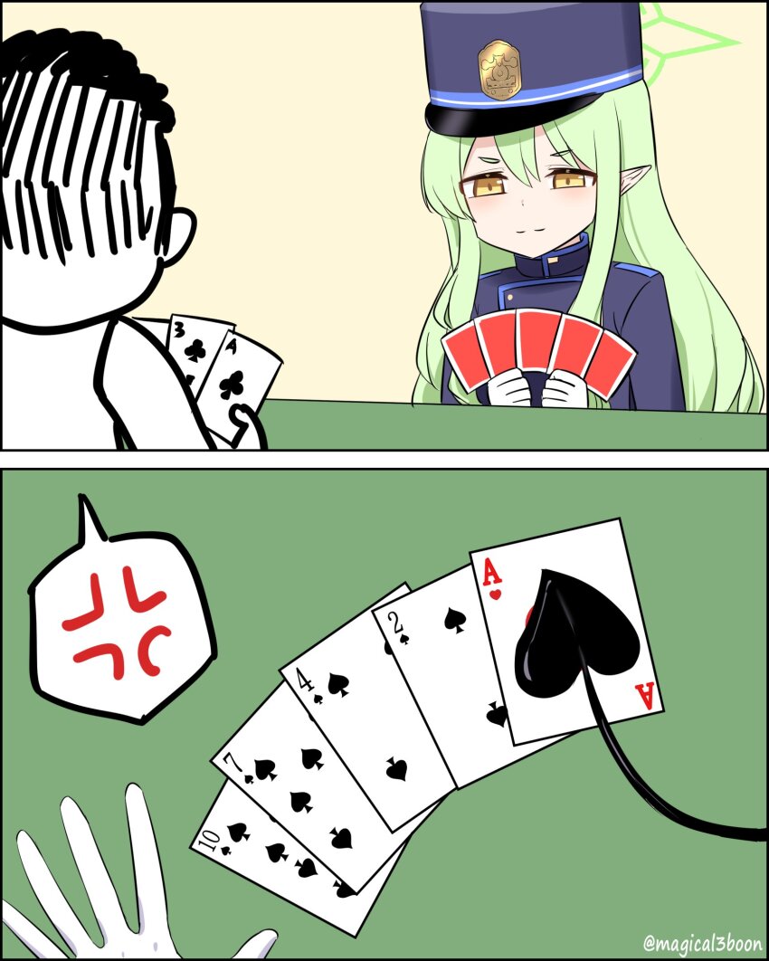 1boy 1girl ace_(playing_card) ace_of_clubs ace_of_hearts anger_vein black_tail blue_archive buttons card cheating_(competitive) club_(shape) demon_tail double-breasted flush_(poker) four_of_spades green_hair green_halo halo hat heart highres hikari_(blue_archive) peaked_cap playing_card pointy_ears poker seven_of_spades spoken_anger_vein tail ten_of_spades three_of_clubs threeboon train_conductor two_of_spades yellow_eyes