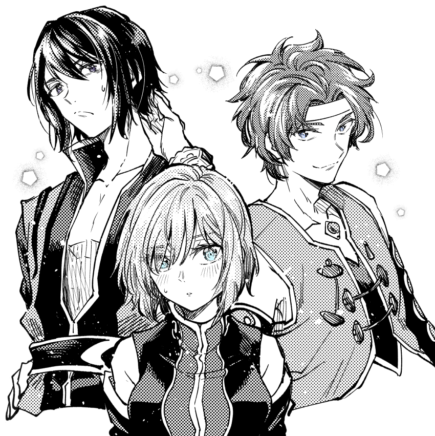 1girl 2boys absurdres alternate_hairstyle bare_shoulders belt blue_eyes blush breasts closed_mouth collarbone commentary_request detached_sleeves greyscale hand_on_own_hip headband high_collar highres jacket kudou_makoto large_breasts looking_at_viewer monochrome multiple_boys parted_bangs parted_lips pectorals short_hair simple_background smile spot_color sweatdrop tales_of_(series) tales_of_symphonia tales_of_the_abyss tales_of_vesperia tear_grants upper_body vest white_background yuri_lowell zelos_wilder