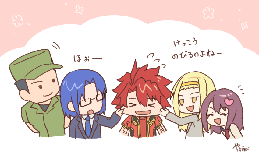 &gt;_&lt; 2girls 3boys aizawa_tsukasa asagaki_toogo banjouji_nagare black_hair blonde_hair blue_hair blue_jacket blue_necktie brown_hair brown_sweater chibi closed_eyes glasses group_picture highres jacket kataoka_shuuji long_hair medium_hair missing_commentary multiple_boys multiple_girls necktie red_hair red_jacket semi-rimless_eyewear sentai_red_ga_isekai_de_boukensha_ni_naru short_hair simple_background spiked_hair sweater tobihoshi_emily under-rim_eyewear upper_body white_background yanagimachi yellow_eyes