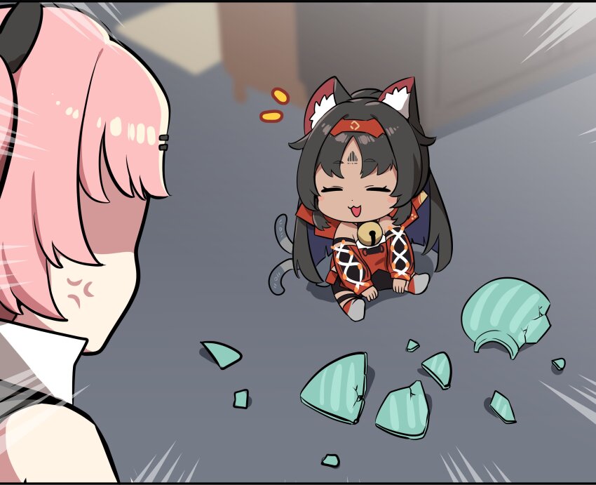 2girls absurdres anger_vein animal_ear_fluff animal_ears barcode barcode_tattoo bell black_hair broken_vase cat_ears cat_girl cat_tail closed_eyes commentary_request dark-skinned_female dark_skin forehead_tattoo hairband highres korean_commentary multiple_girls multiple_tails neck_bell nekomiya_mana nicole_demara notice_lines on_floor ooyun open_mouth pink_hair red_hairband shaded_face sitting tail tattoo two_tails zenless_zone_zero