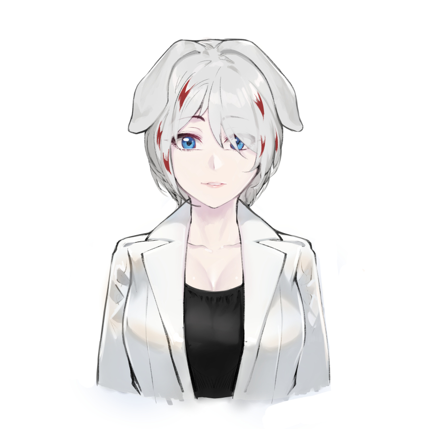 1girl absurdres animal_ears blue_eyes breasts cleavage crossover_nexus_project crossover_nexus_series dog_ears dog_girl grey_hair highres large_breasts office_lady ookami_inuko_(isekai_monogatari) tierla white_hair