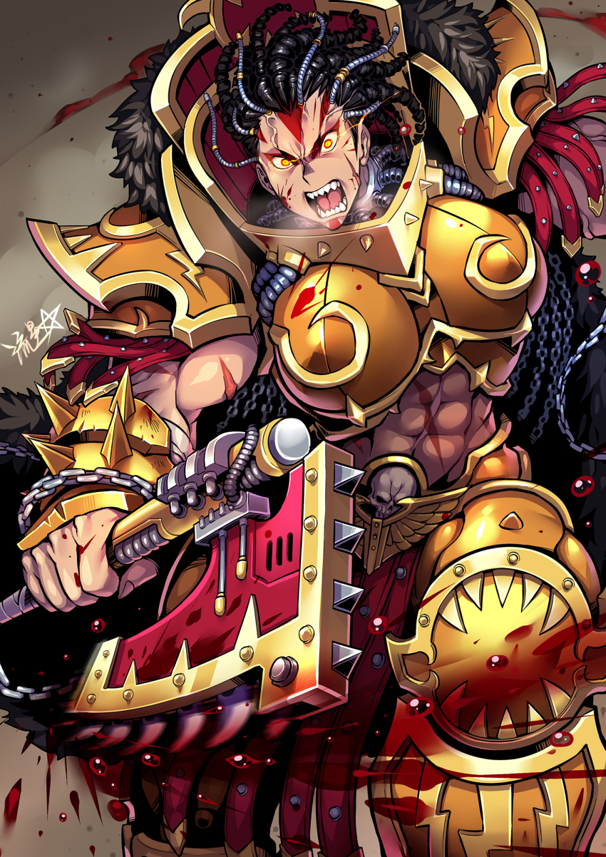 1girl abs angron armor axe blood blood_splatter boobplate breastplate cable chain chain_axe dreadlocks facial_tattoo fur fur_collar genderswap genderswap_(mtf) glowing glowing_eyes highres holding holding_axe holding_weapon open_mouth primarch ryuusei_(mark_ii) scar scar_on_arm scar_on_stomach solo tattoo teeth warhammer_40k weapon yellow_eyes