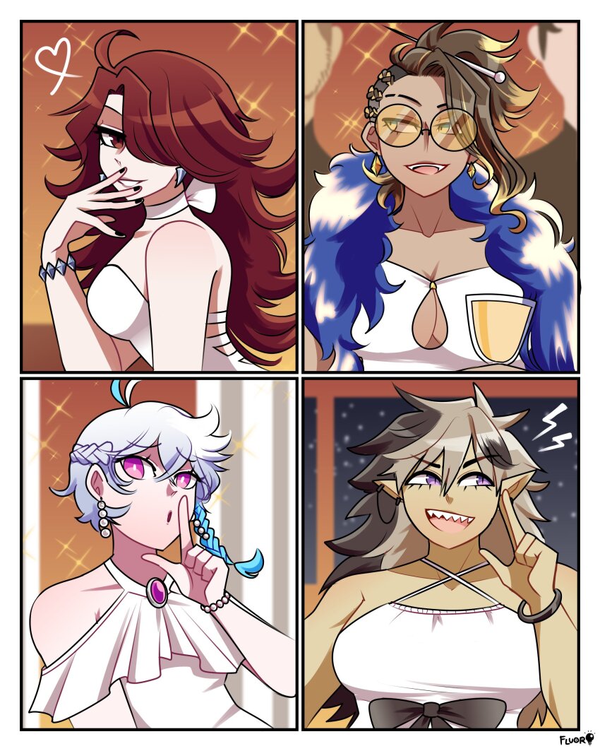 4girls :o absurdres ahoge alternate_costume artist_name asymmetrical_hair bare_shoulders black_nails blonde_hair blue_hair bracelet braid breasts brown_hair cleavage commentary crimzon_ruze criss-cross_halter cup dark-skinned_female dark_skin dress earrings english_commentary feather_boa flat_chest fluorart genderswap genderswap_(mtf) goldbullet gradient_hair grin hair_between_eyes hair_ornament hair_over_one_eye hair_stick halter_dress halterneck heart highres holding holding_cup holoarmis holostars holostars_english index_finger_raised jewelry jurard_t_rexford lightning_bolt_symbol long_hair looking_at_viewer looking_to_the_side male_focus multicolored_hair multiple_girls nail_polish octavio open_mouth orange-tinted_eyewear pink_eyes purple_eyes red_eyes red_hair round_eyewear sharp_teeth side_braid smile sparkle sunglasses teeth tinted_eyewear two-tone_hair upper_body virtual_youtuber white_hair