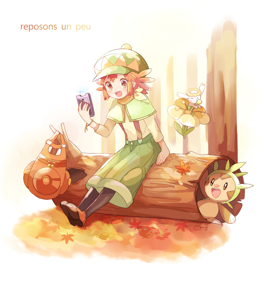 1girl :d ^_^ autumn_leaves backpack bad_id bad_pixiv_id bag chespin child closed_eyes creature flabebe flabebe_(yellow_flower) french_text full_body gen_6_pokemon green_headwear happy highres holding leaf log mairin_(pokemon) mei_(maysroom) nintendo open_mouth outdoors pokemon pokemon_(anime) pokemon_(creature) pokemon_xy_(anime) shoes short_hair sidelocks sitting sitting_on_object smile suspenders