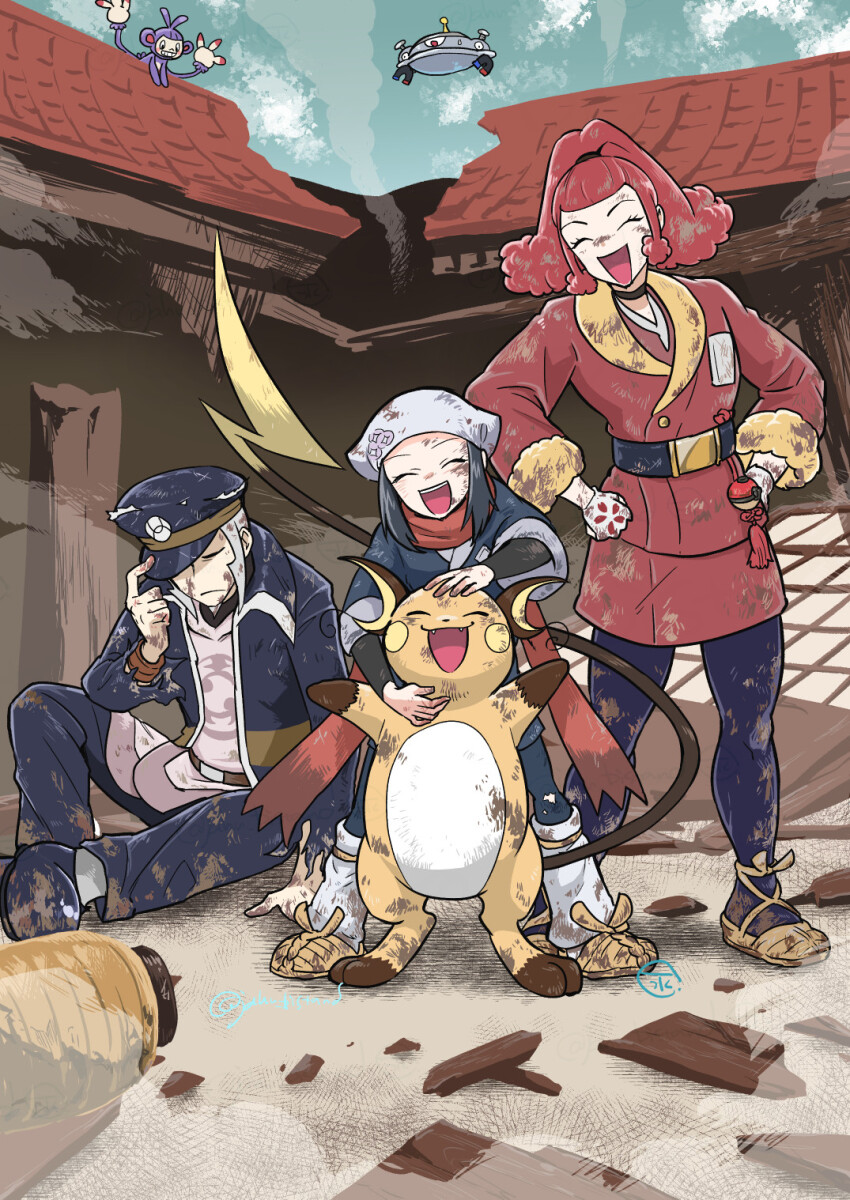 1boy 2girls adjusting_clothes adjusting_headwear akari_(pokemon) ambipom black_jacket debris dirty eyelashes gen_1_pokemon gen_4_pokemon hands_on_own_hips headscarf highres hisuian_poke_ball ingo_(pokemon) issui_(jahn_bistand) jacket lantern magnezone multiple_girls nintendo open_mouth paper_lantern poke_ball pokemon pokemon_(creature) pokemon_legends:_arceus ponytail raichu red_hair sandals signature white_headscarf zisu_(pokemon)
