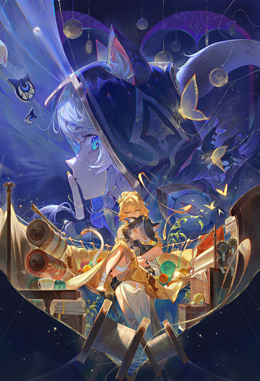 2girls absurdres aglaea_(honkai:_star_rail) animal_ears animal_hood black_hood blonde_hair blue_eyes bug butterfly cat_ears cat_girl cat_hood cat_tail chinese_commentary cipher_(honkai:_star_rail) closed_eyes coin commentary_request cup dress furioso gold_coin green_eyes grey_hair highres honkai:_star_rail honkai_(series) hood hug insect laurel_crown multiple_girls short_hair tail teacup thread white_dress yarn yarn_ball