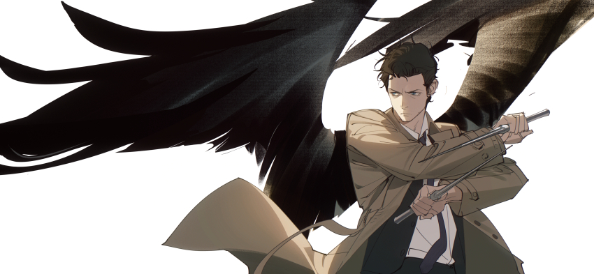 1boy absurdres black_hair black_jacket black_wings brown_coat castiel closed_mouth coat collared_shirt commentary_request dual_wielding highres holding jacket male_focus shirt short_hair simple_background solo supernatural_(tv_series) tobu_(bilibil) white_background white_shirt wings