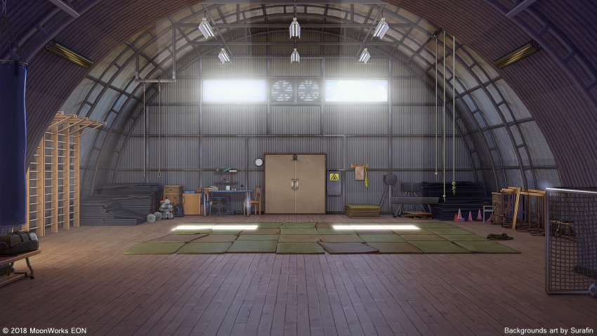 3d air_conditioner artist_name ball ceiling ceiling_light door evening gym highres indoors interior ladder mat morning no_humans original punching_bag rope scenery soccer soccer_ball sunlight sunset surafin traffic_cone window window_shadow wireframe wooden_floor