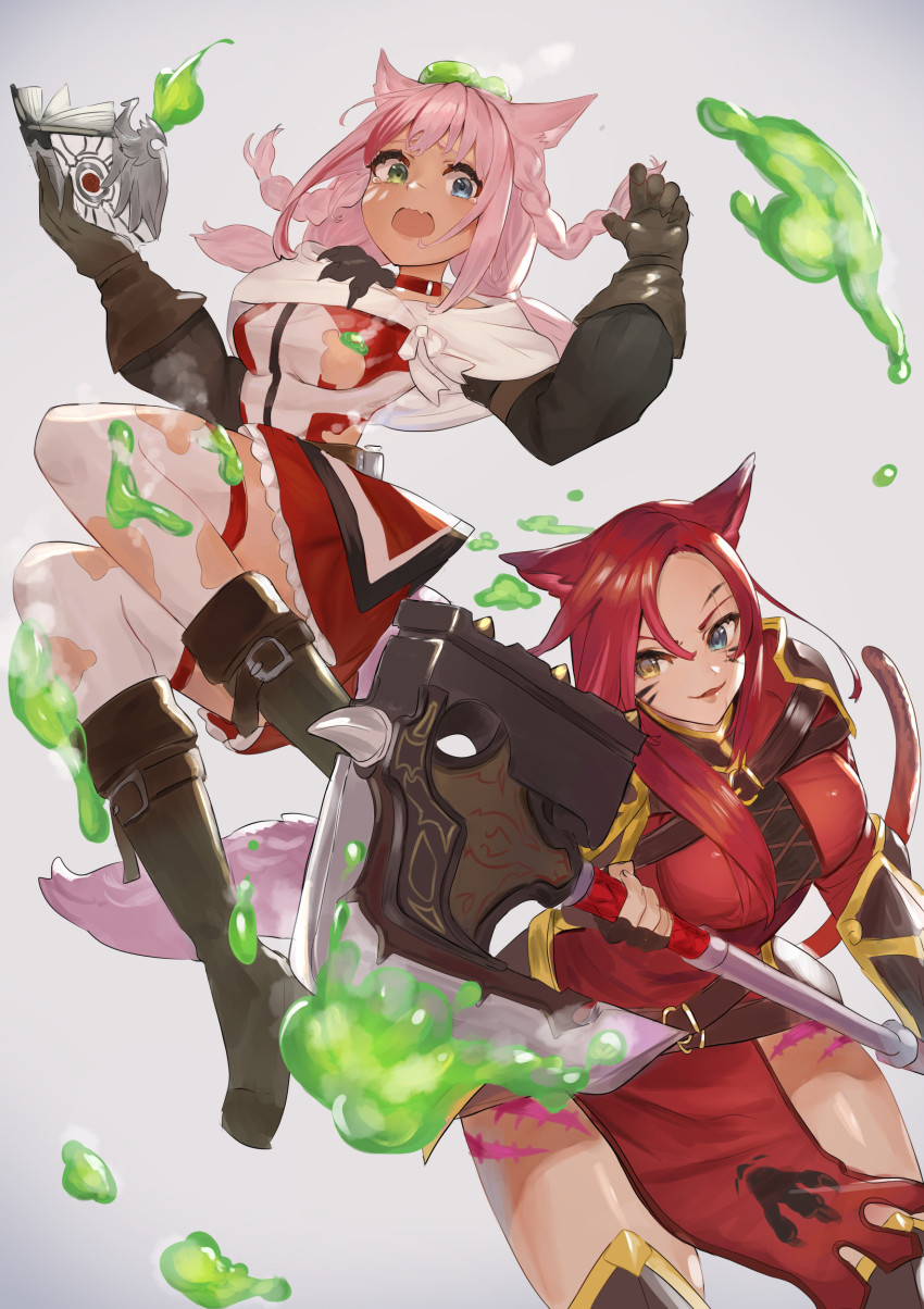 2girls :d absurdres animal_ears axe black_legwear blue_eyes book braid breasts brown_footwear brown_gloves brown_hair capelet cat_ears cat_tail choker commission crying crying_with_eyes_open dissolving_clothes facial_mark fantasy gloves green_eyes grey_background heterochromia highres holding holding_axe long_hair medium_breasts moco1031 multiple_girls ooze open_mouth original pink_hair red_choker scar simple_background smile tabard tail tears thighhighs whisker_markings white_capelet white_legwear yellow_eyes