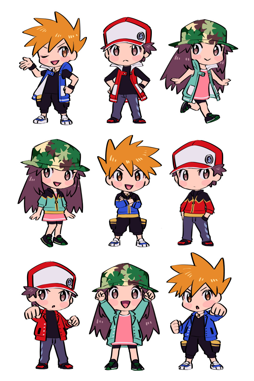 1girl 2boys absurdres adapted_costume alternate_hairstyle blue_oak blue_oak_(cosplay) blue_oak_(sygna_suit) chibi cosplay highres leaf_(pokemon) leaf_(pokemon)_(cosplay) leaf_(sygna_suit)_(pokemon) multiple_boys nintendo official_alternate_costume open_clothes open_mouth pokemon pokemon_masters_ex pumpkinpan red_(pokemon) red_(pokemon)_(cosplay) red_(pokemon_frlg) red_(sygna_suit)_(pokemon) smile