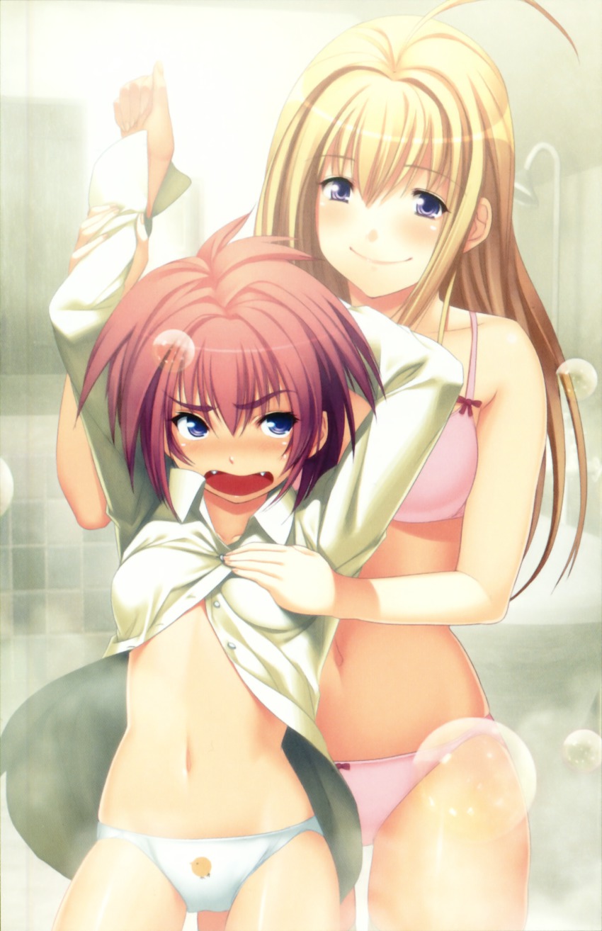 2girls ahoge anna_(gekkou_no_carnevale) arms_up bath blonde_hair blue_eyes blue_hair blush bow bow_panties bra breasts bubble clothes_lift fangs gekkou_no_carnevale grabbing_another&#039;s_breast groping highres lingerie long_hair midriff multiple_girls noel_(gekkou_no_carnevale) oosaki_shin&#039;ya open_mouth panties pink_hair pink_panties print_panties purple_eyes red_hair shirt_lift short_hair smile underwear underwear_only undressing white_panties