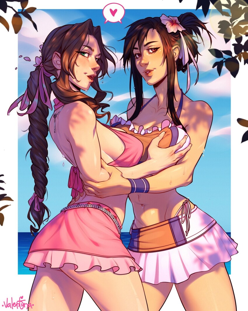 2girls aerith_gainsborough aerith_gainsborough_(pink_mermaid) bare_legs beach bikini bikini_skirt braid braided_ponytail breasts cleavage final_fantasy final_fantasy_vii final_fantasy_vii_rebirth final_fantasy_vii_remake flower frilled_bikini_top grabbing_another&#039;s_breast groping hair_flower hair_ornament hair_ribbon heart highres large_breasts multiple_girls official_alternate_costume official_alternate_hairstyle pink_bikini ribbon shade shared_speech_bubble sideboob speech_bubble spoken_heart swimsuit thighs tifa_lockhart tifa_lockhart_(shining_spirit) valentina_tavolilla yuri