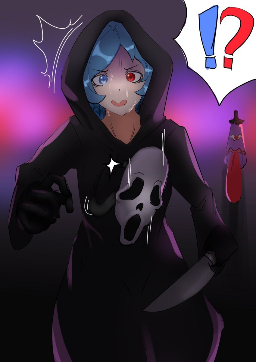 !? 1girl alternate_costume black_hoodie blue_eyes blue_hair commentary cowboy_shot english_commentary heterochromia highres holding holding_knife hood hoodie karakasa_obake knife long_sleeves looking_at_viewer mask open_mouth purple_background red_eyes sapiens scream_(movie) solo spoken_interrobang tatara_kogasa touhou umbrella