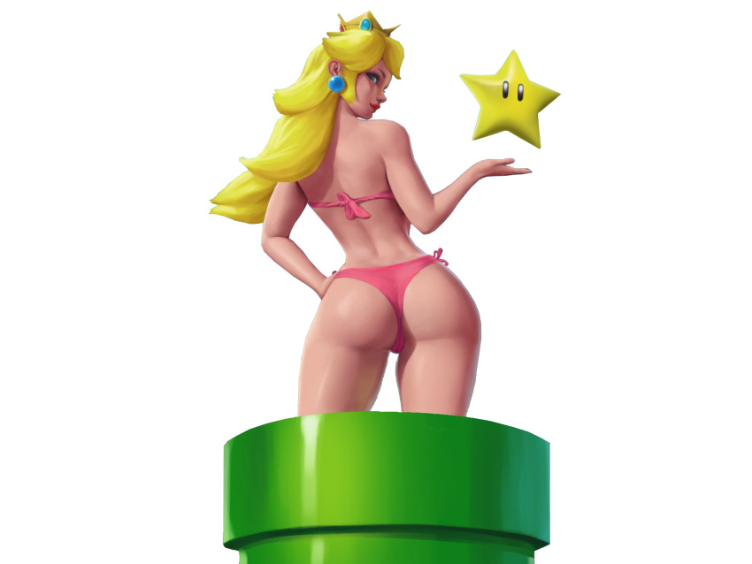 1girl anziosta ass bikini blonde_hair blue_eyes hand_on_own_hip highres industrial_pipe legs long_hair looking_at_viewer looking_back mario_(series) nintendo pink_bikini pink_lips princess princess_peach smile solo super_star_(mario) super_mario_bros._1 swimsuit thighs thong_bikini warp_pipe