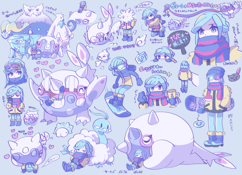 1boy abomasnow altaria aurorus avalugg beanie beartic blue_hair blue_headwear boots cetitan character_print chibi closed_eyes commentary_request eiscue eiscue_(ice) gen_2_pokemon gen_3_pokemon gen_4_pokemon gen_5_pokemon gen_6_pokemon gen_8_pokemon grusha_(pokemon) hat heart highres holding_snowboard jacket long_hair lying male_focus multiple_views nintendo on_back pants pokemon pokemon_(creature) pokemon_sv scarf scarf_over_mouth shi_(soudana_sigurd) sleeping sneasel snom snowboarding standing translation_request vanillite yellow_jacket