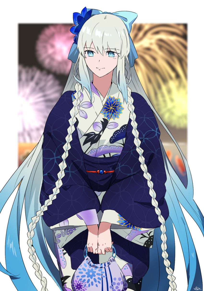 1girl blue_eyes bow braid fate/grand_order fate_(series) fireworks hair_between_eyes hair_bow highres japanese_clothes kimono long_hair morgan_le_fay_(fate) morgan_le_fay_(fgo_fes._2023)_(fate) pirohi_(pirohi214) ponytail smile solo very_long_hair white_hair