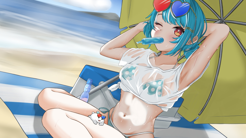 1girl absurdres animal armpits arms_behind_head beach beach_towel beach_umbrella bikini blue-tinted_eyewear blue_bikini blue_hair blush breasts cooler day double_bun eyewear_on_head hair_bun hair_ornament hairclip heart heart-shaped_eyewear highres horizon layered_bikini looking_at_viewer medium_breasts mizutani_ayato mouth_hold multicolor-tinted_eyewear multicolored_hair navel ocean one_eye_closed orange_eyes outdoors polka_dot polka_dot_bikini ramune red-tinted_eyewear see-through_clothes see-through_shirt shiranami_ramune shiranami_ramune_(summer_c102) shirt side-tie_bikini_bottom sitting solo stomach streaked_hair sunglasses sweat swimsuit t-shirt tied_shirt tinted_eyewear towel umbrella very_low_bun virtual_youtuber vspo! wariza water wet wet_clothes wet_shirt white_bikini white_shirt