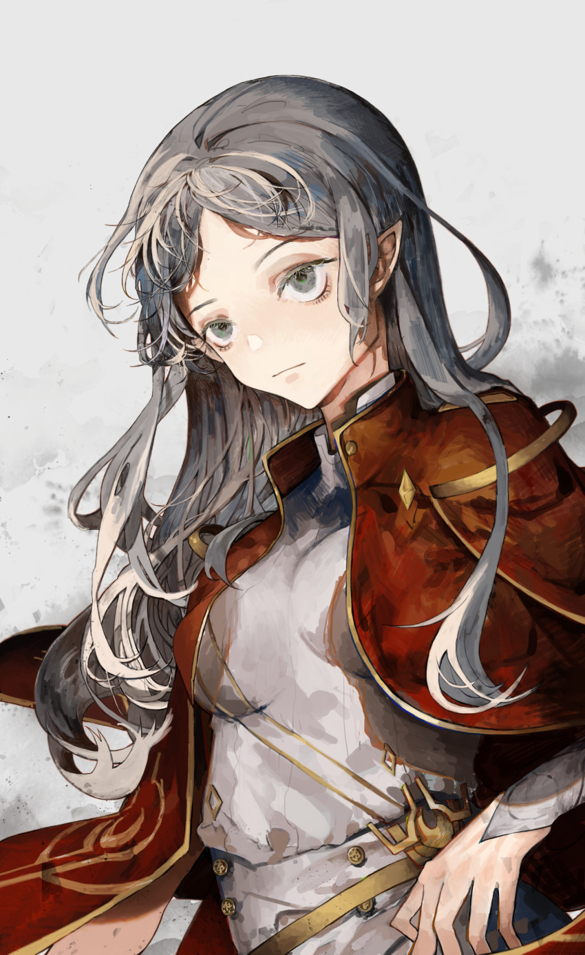 1girl :| absurdres adele_(maplestory) chinese_commentary closed_mouth commentary_request grey_background grey_eyes grey_hair grey_shirt highres jacket long_hair looking_at_viewer maplestory muyu713 pointy_ears red_jacket shirt solo upper_body yu_chuang